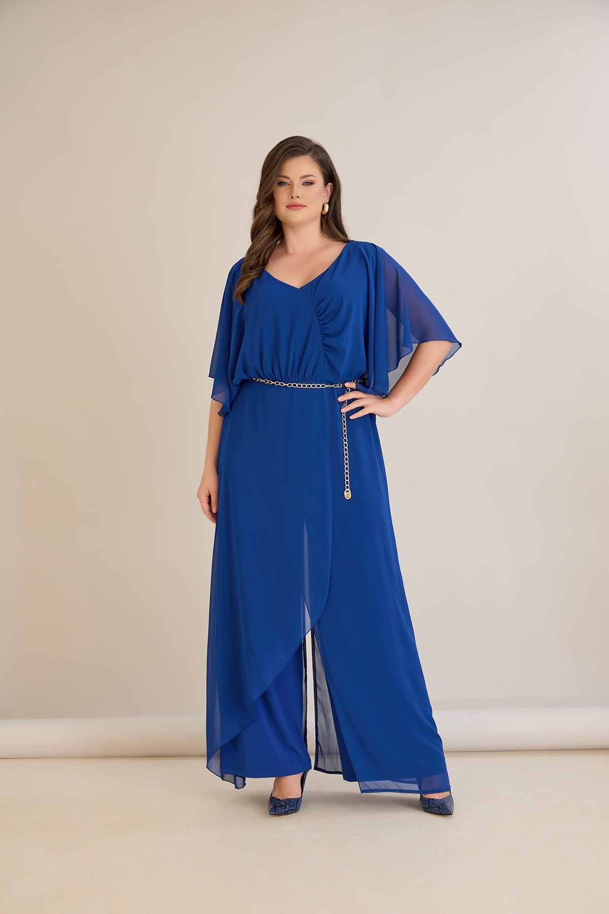 Salopeta marime mare eleganta din sifon cu lant – cobalt