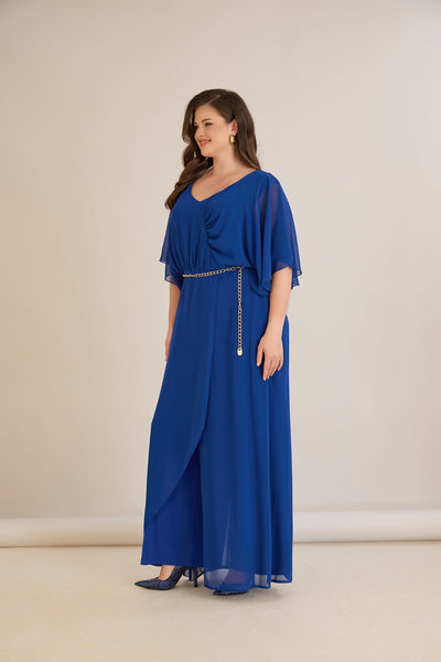 Salopeta marime mare eleganta din sifon cu lant – cobalt