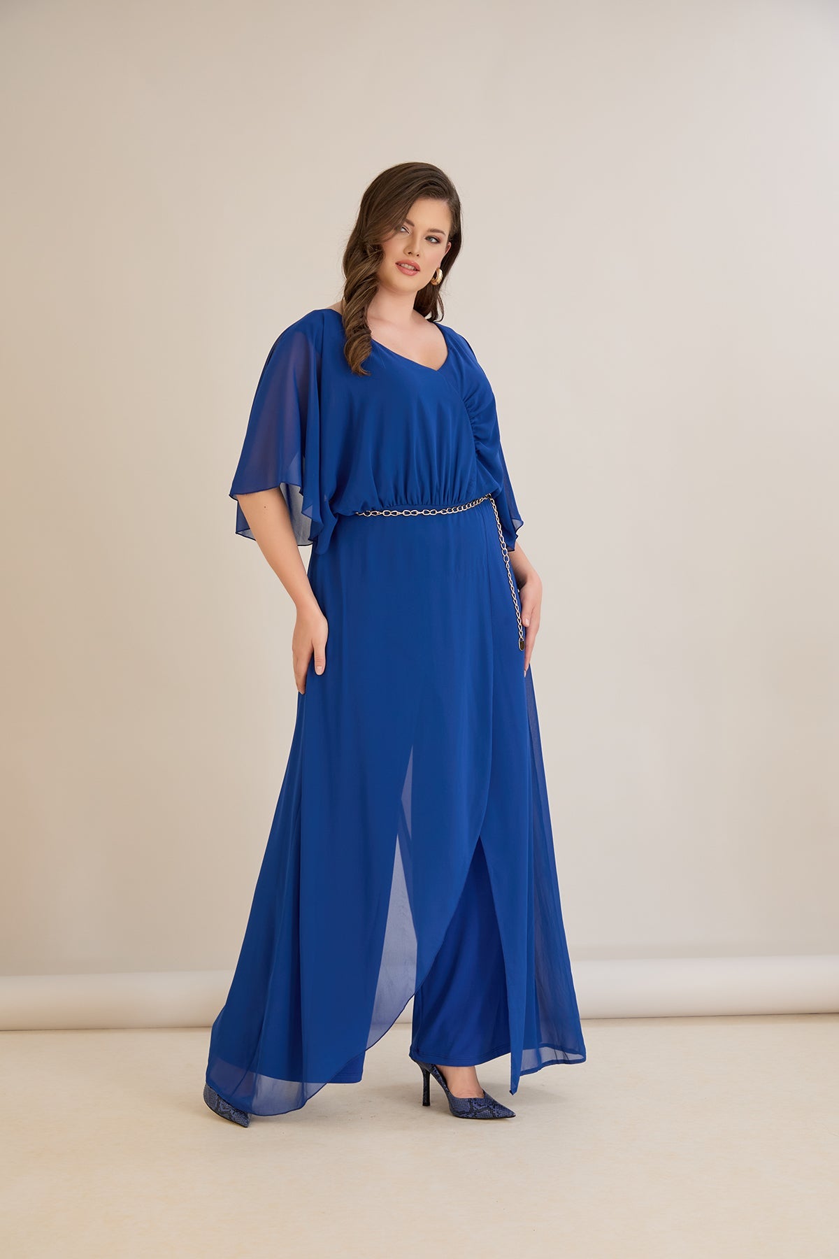Salopeta marime mare eleganta din sifon cu lant – cobalt