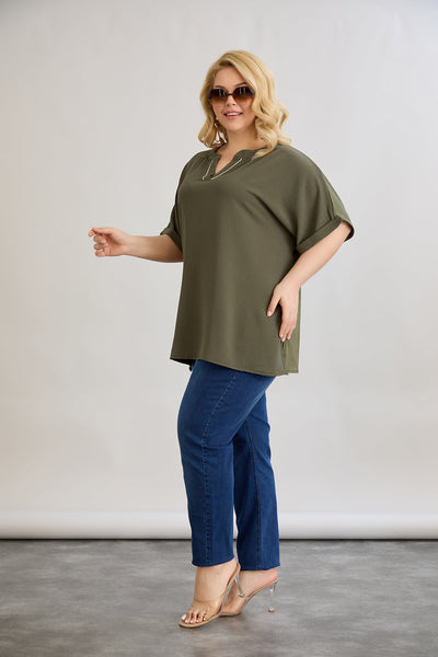 Bluza marime mare cu decolteu in V si pietricele delicate - kaki
