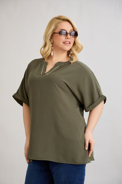 Bluza marime mare cu decolteu in V si pietricele delicate - kaki