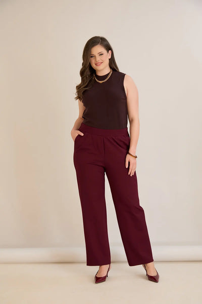 Pantalon mărime mare cu talie elastică și croială dreaptă – bordo