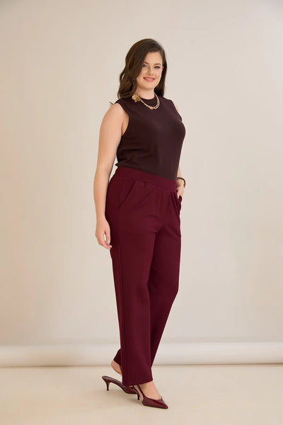 Pantalon mărime mare cu talie elastică și croială dreaptă – bordo