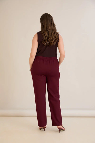 Pantalon mărime mare cu talie elastică și croială dreaptă – bordo