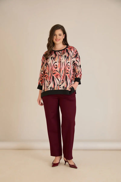 Pantalon mărime mare cu talie elastică și croială dreaptă – bordo