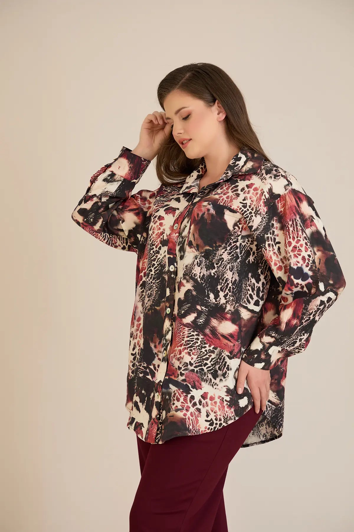 Cămașă elegantă mărime mare din viscoză fină - burgundi