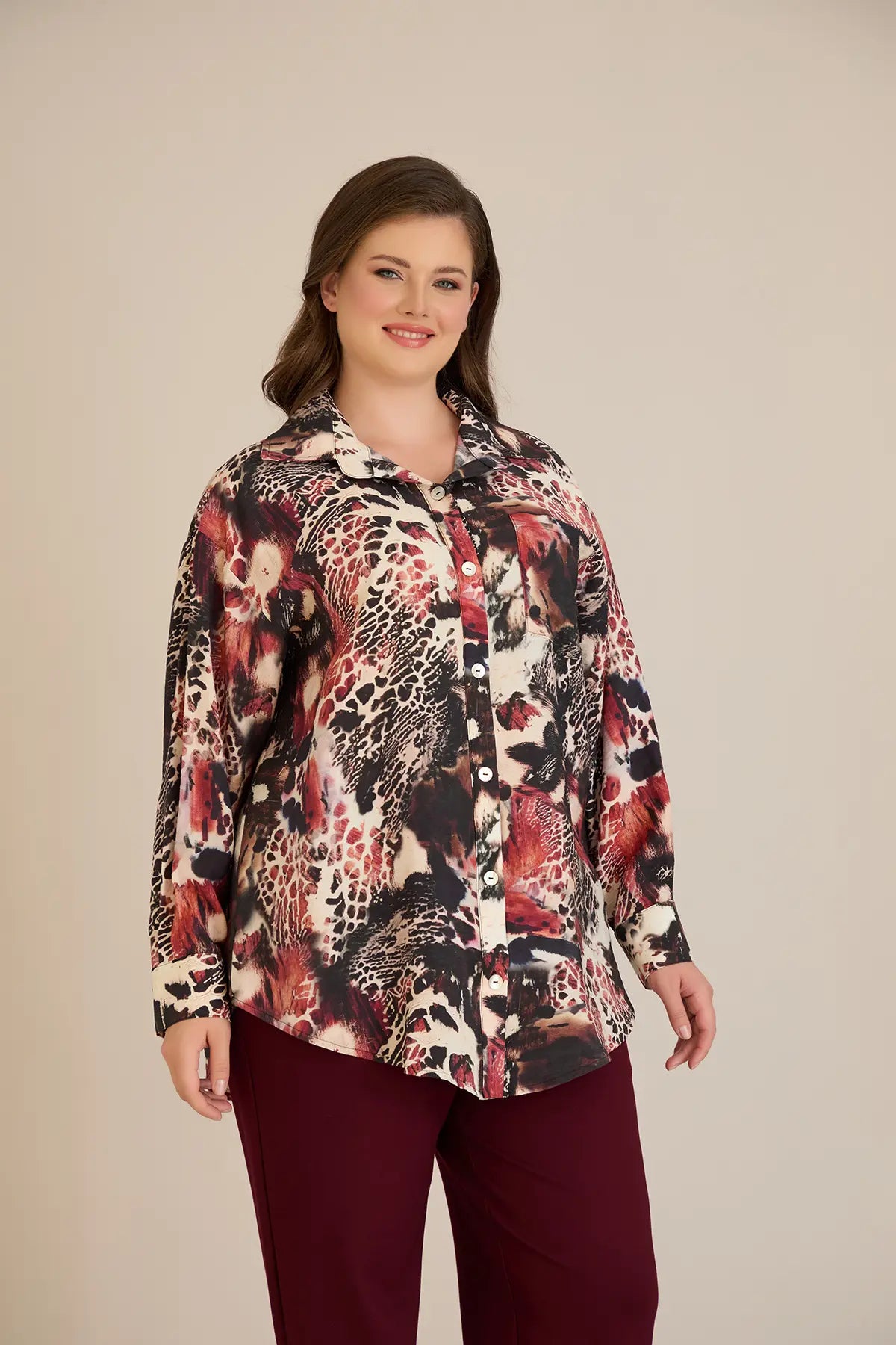 Cămașă elegantă mărime mare din viscoză fină - burgundi