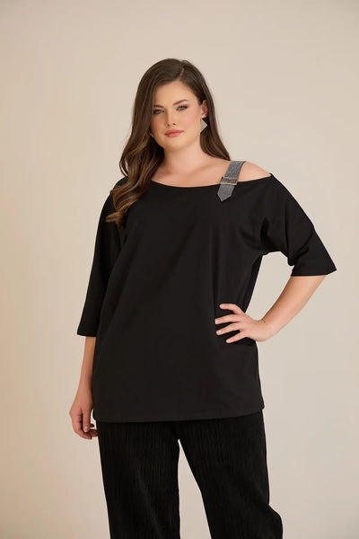 Bluză mărime mare din bumbac cu un accent elegant din pietricele