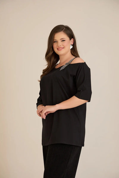 Bluză din bumbac mărime mare cu accent elegant din pietricele