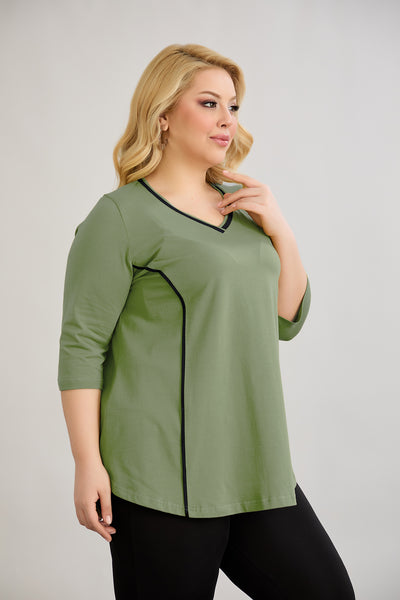 Bluza marime mare din bumbac in linie A cu fitiluri contrastante - verde