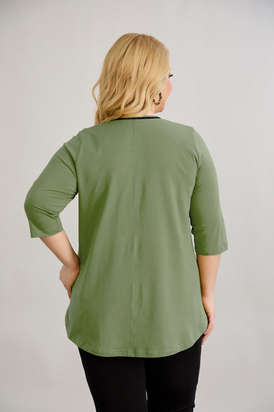 Bluza marime mare din bumbac in linie A cu fitiluri contrastante - verde