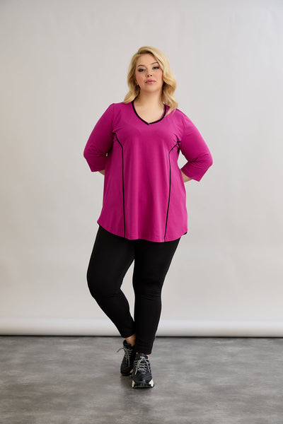 Bluza marime mare din bumbac in linie A cu fitiluri contrastante - ciclamen