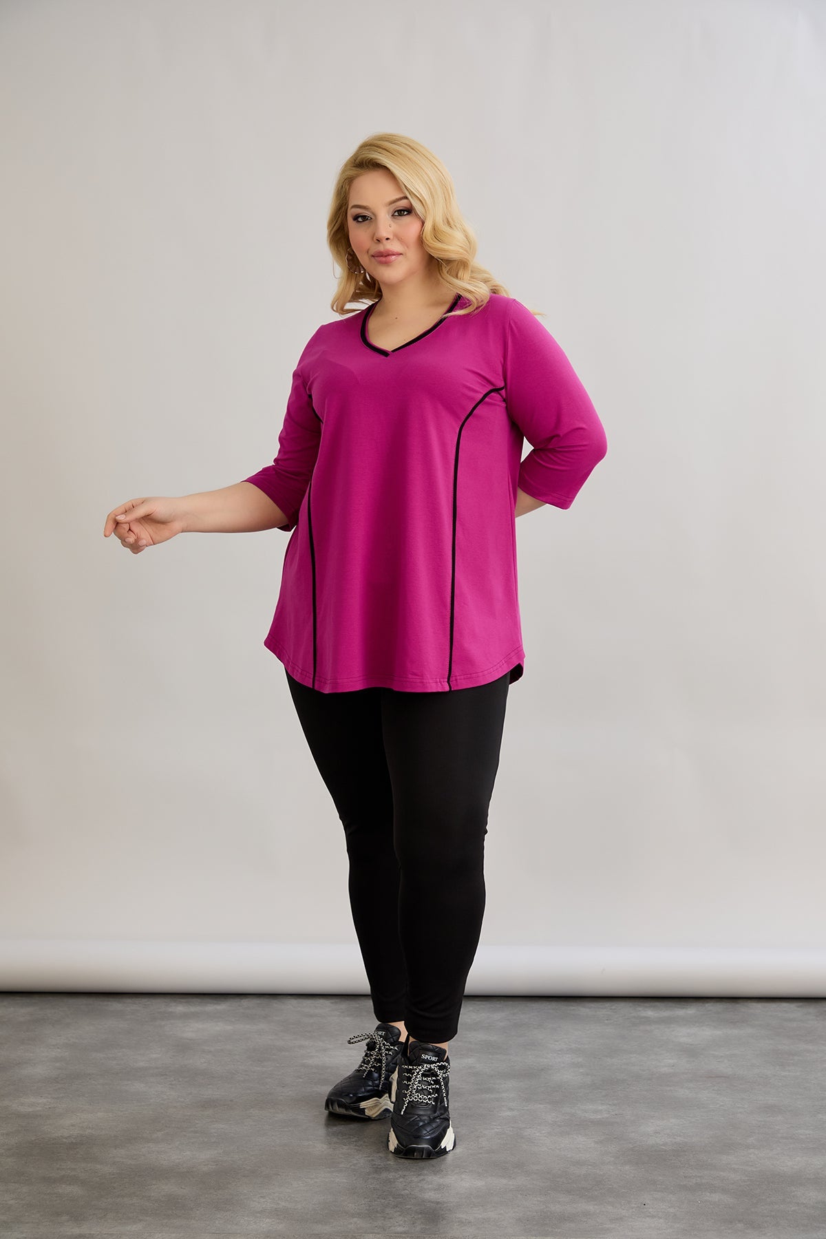 Bluza marime mare din bumbac in linie A cu fitiluri contrastante - ciclamen