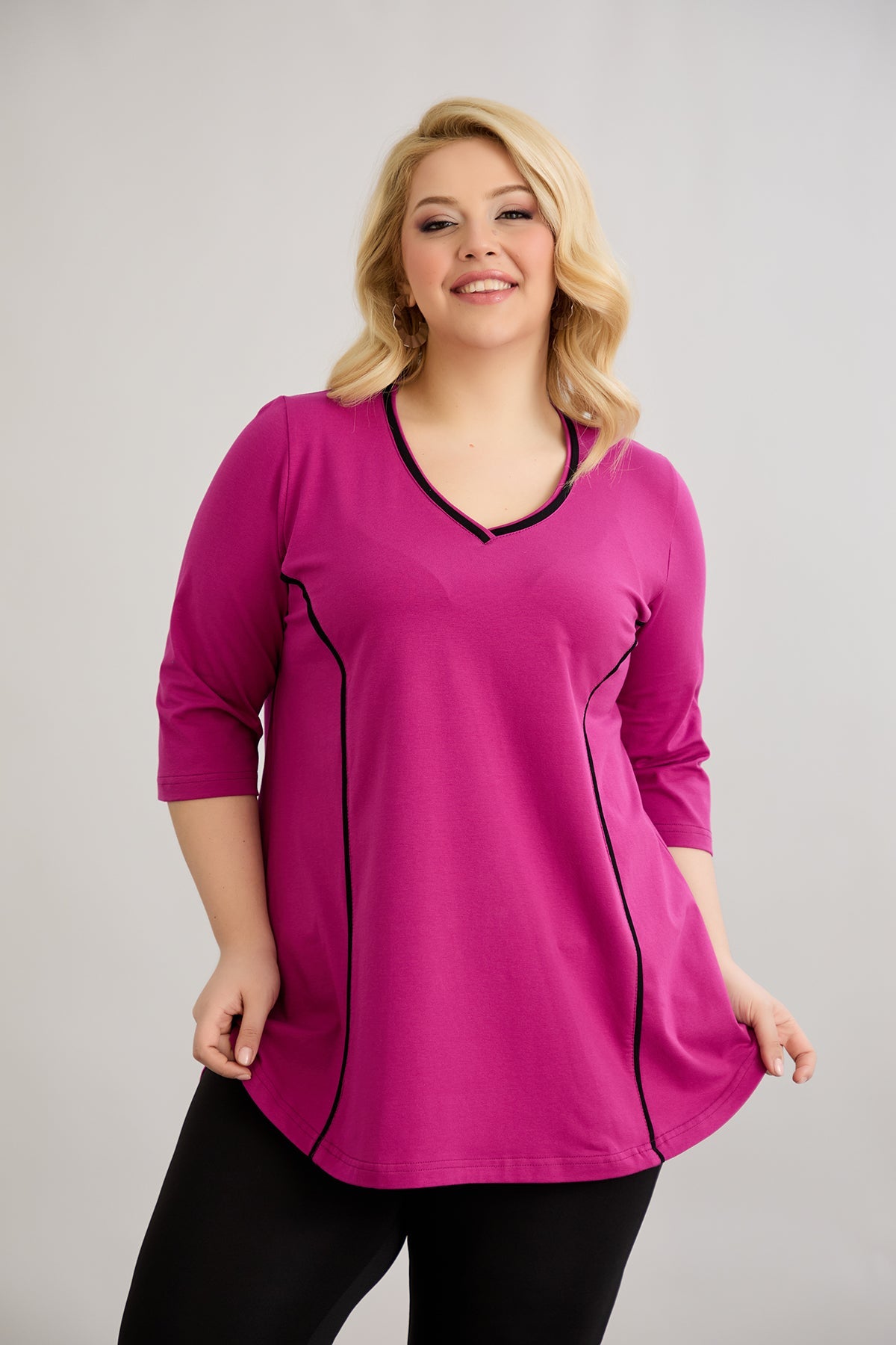 Bluza marime mare din bumbac in linie A cu fitiluri contrastante - ciclamen