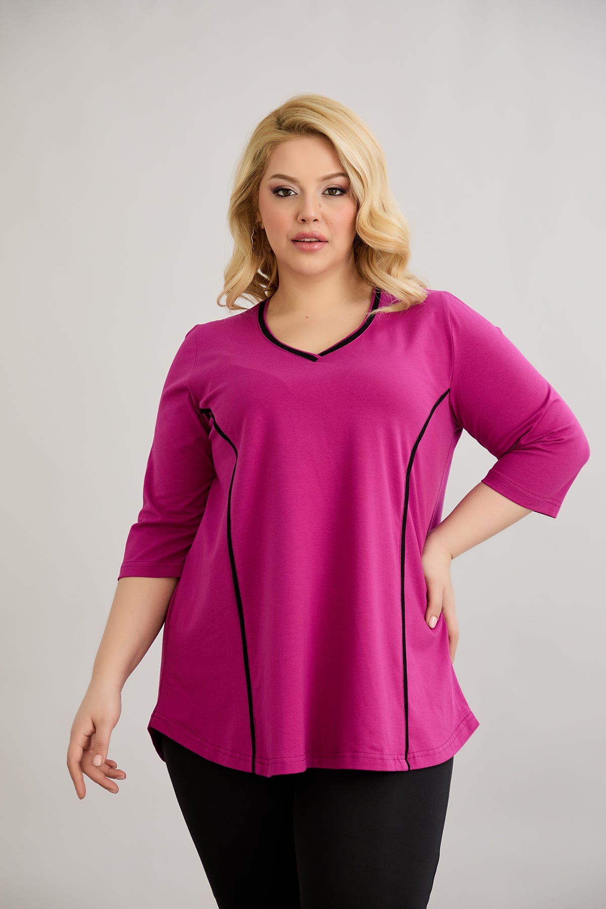 Bluza marime mare din bumbac in linie A cu fitiluri contrastante - ciclamen
