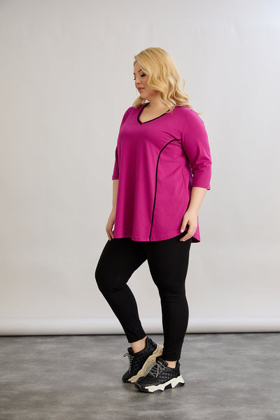 Bluza marime mare din bumbac in linie A cu fitiluri contrastante - ciclamen