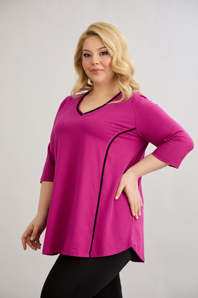 Bluza marime mare din bumbac in linie A cu fitiluri contrastante - ciclamen