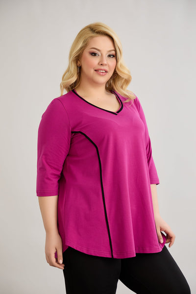 Bluza marime mare din bumbac in linie A cu fitiluri contrastante - ciclamen