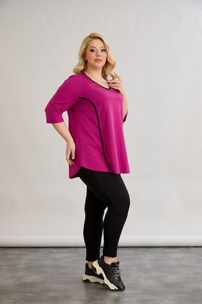 Bluza marime mare din bumbac in linie A cu fitiluri contrastante - ciclamen