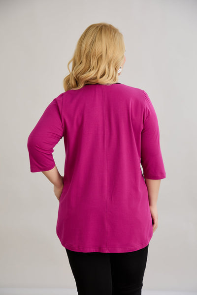 Bluza marime mare din bumbac in linie A cu fitiluri contrastante - ciclamen