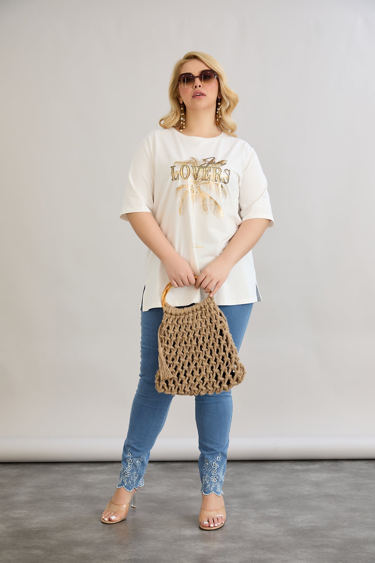 Tricou marime mare din bumbac Sun Lovers - ecru