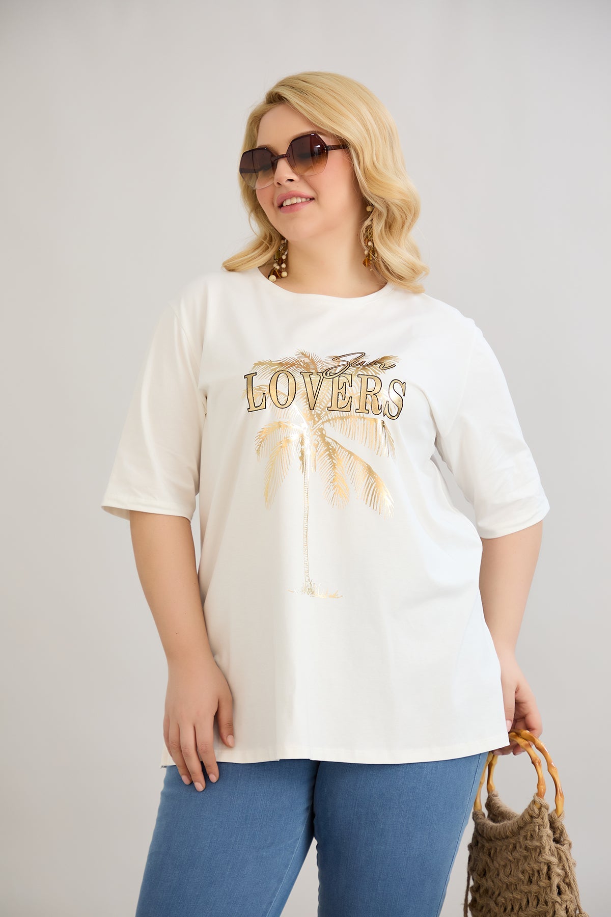 Tricou marime mare din bumbac Sun Lovers - ecru