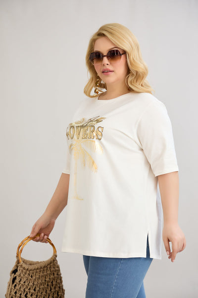 Tricou marime mare din bumbac Sun Lovers - ecru