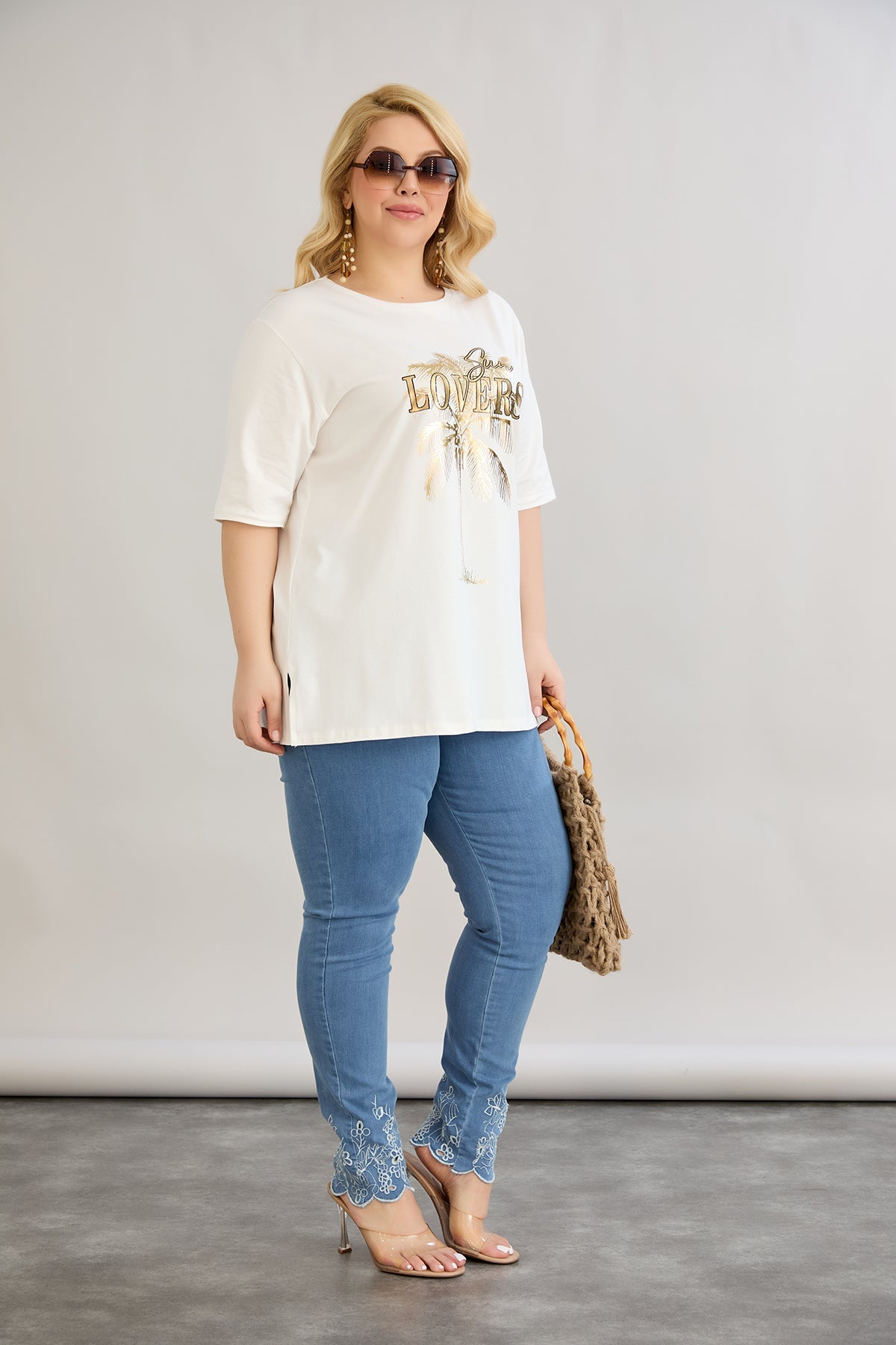 Tricou marime mare din bumbac Sun Lovers - ecru