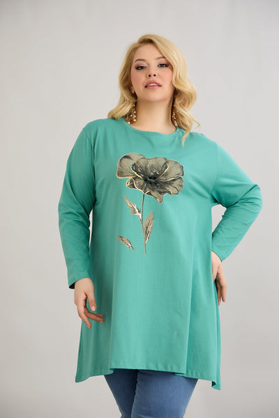 Tunica marime mare linia A cu imprimeu de flori si pietricele - verde marin