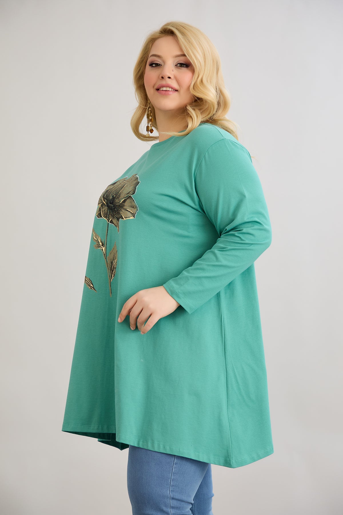 Tunica marime mare linia A cu imprimeu de flori si pietricele - verde marin