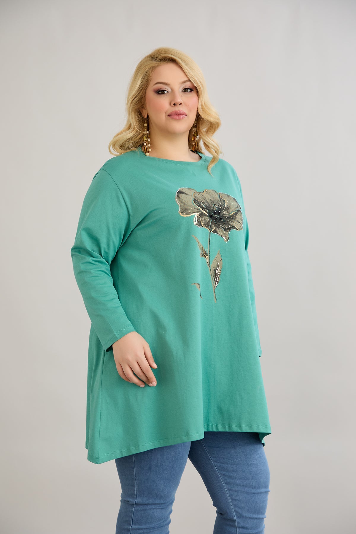 Tunica marime mare linia A cu imprimeu de flori si pietricele - verde marin