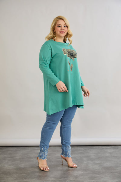 Tunica marime mare linia A cu imprimeu de flori si pietricele - verde marin