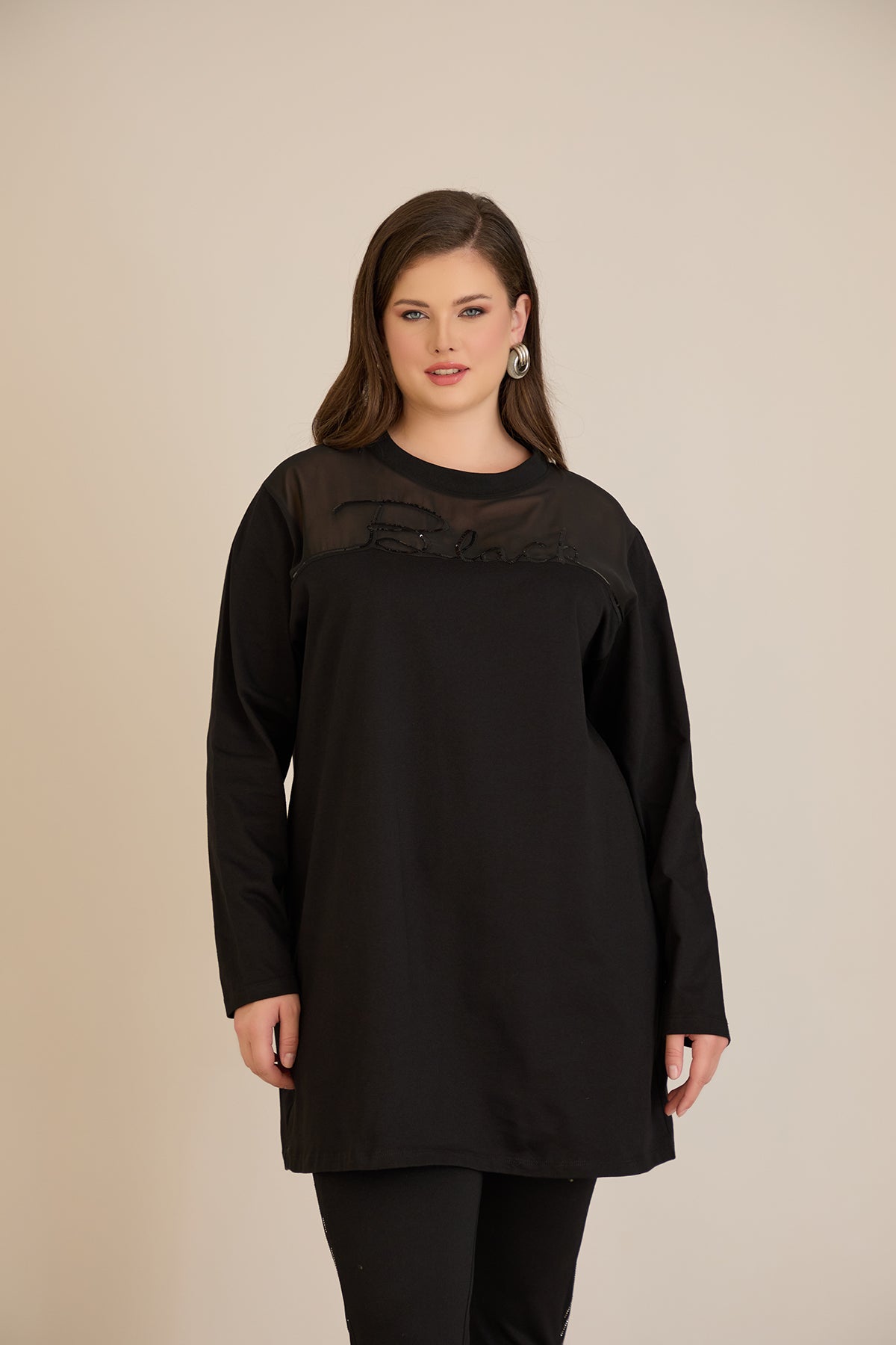 Tunicǎ elegantă mărime mare din bumbac – negru