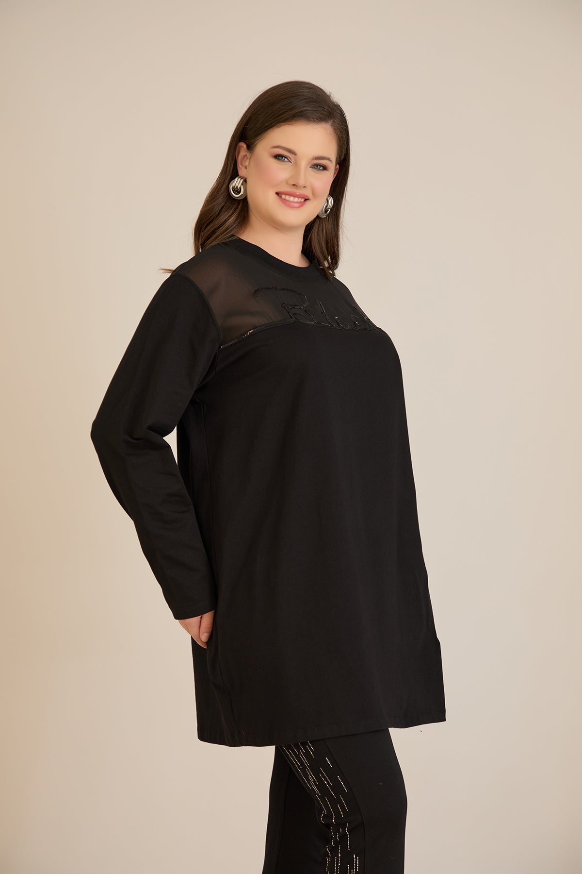 Tunicǎ elegantă mărime mare din bumbac – negru