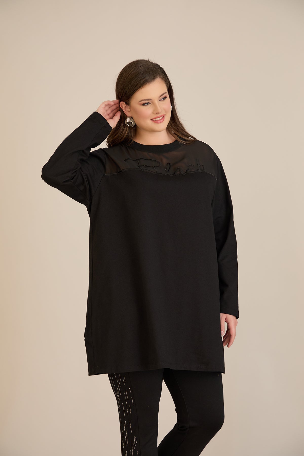 Tunicǎ elegantă mărime mare din bumbac – negru