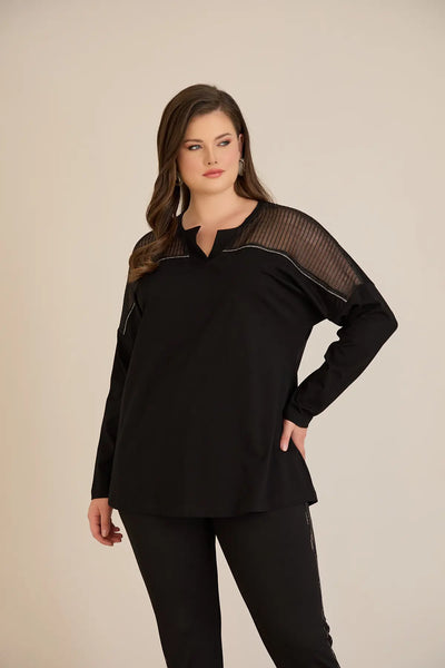 Bluza marime mare din bumbac cu decolteu in V si plasa la umeri