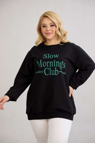 Bluza marime mare din bumbac cu inscriptie Slow morning - verde