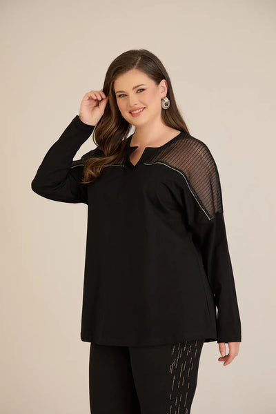 Bluza marime mare din bumbac cu decolteu in V si plasa la umeri