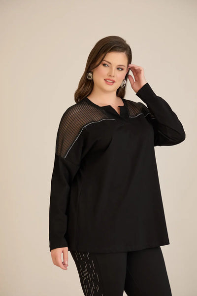 Bluza marime mare din bumbac cu decolteu in V si plasa la umeri