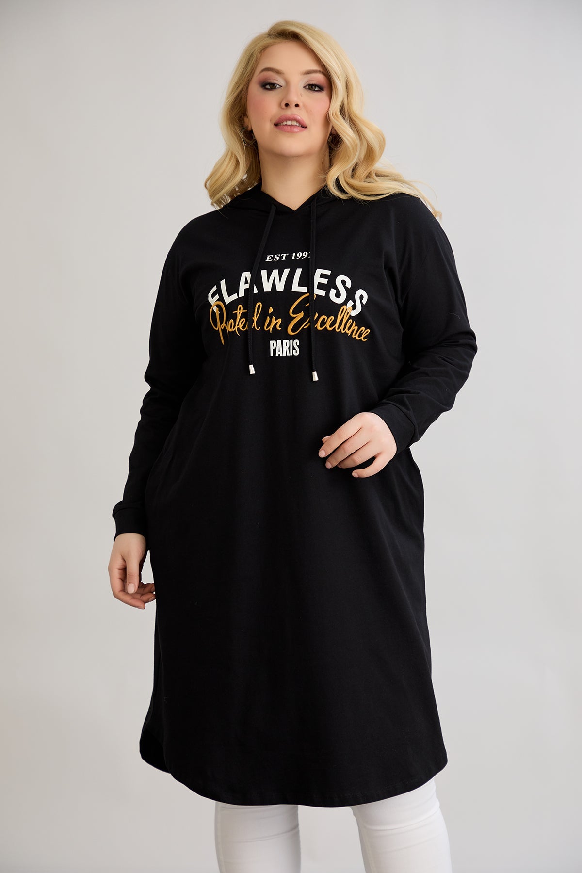 Rochie-tunica marime mare din bumbac cu inscriptie Paris - negru