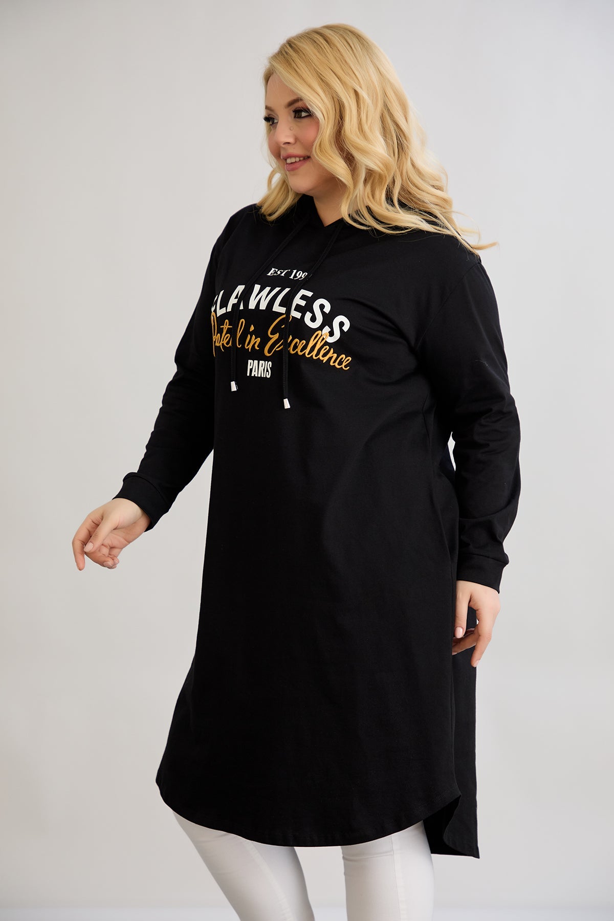 Rochie-tunica marime mare din bumbac cu inscriptie Paris - negru