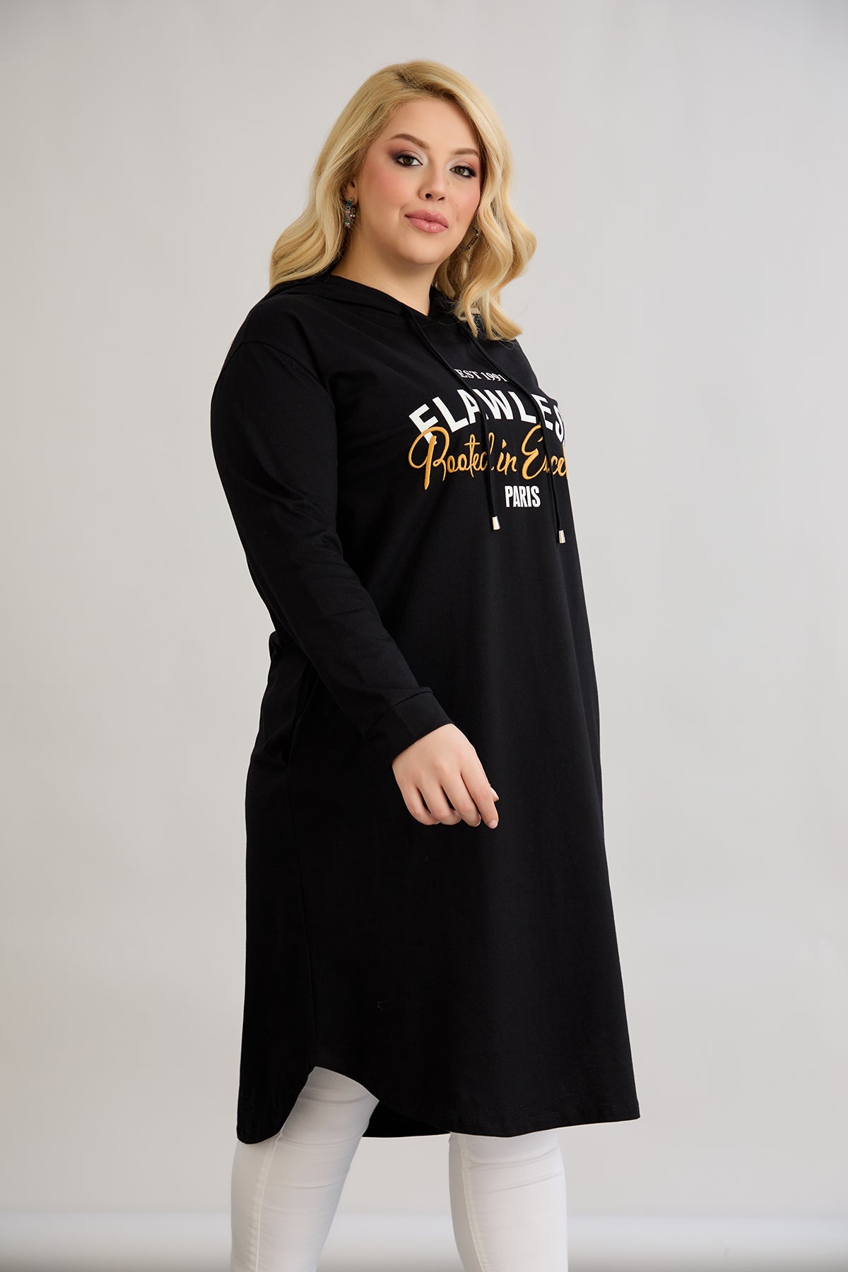 Rochie-tunica marime mare din bumbac cu inscriptie Paris - negru