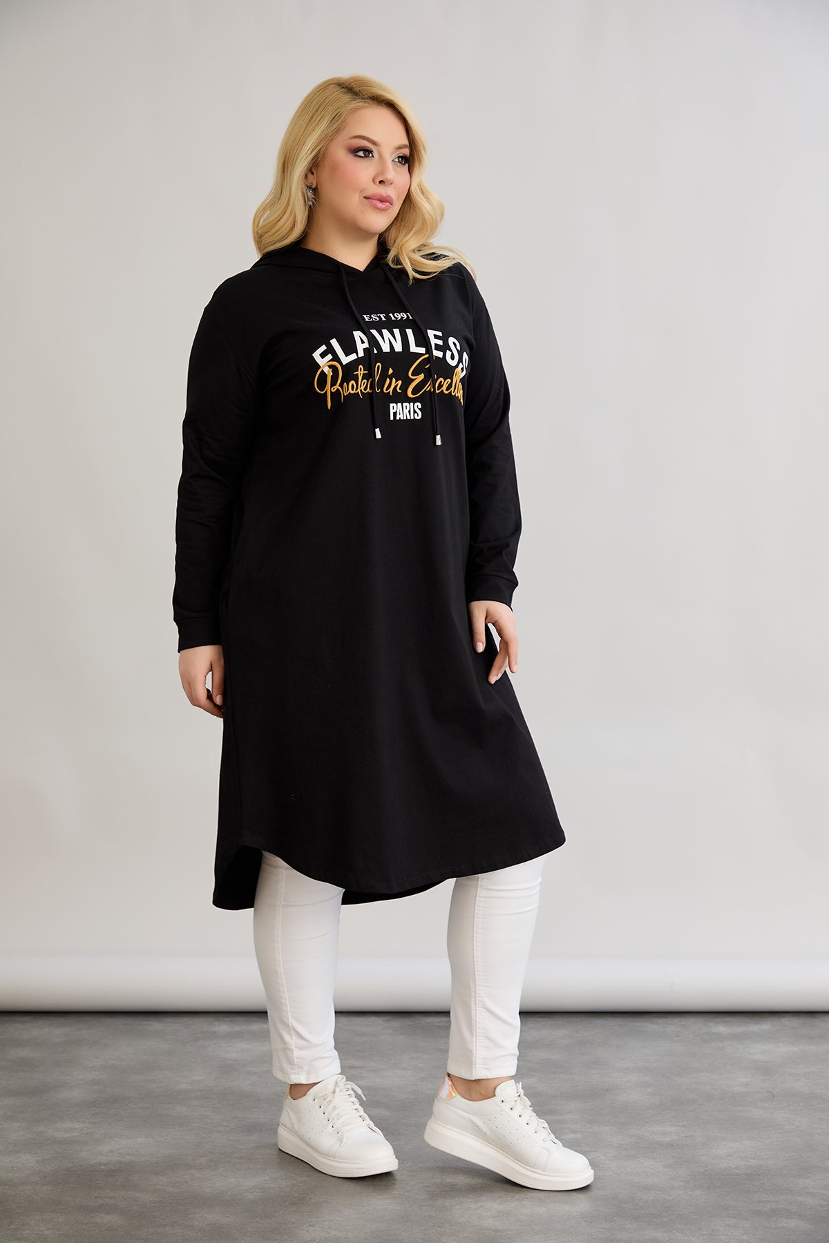 Rochie-tunica marime mare din bumbac cu inscriptie Paris - negru