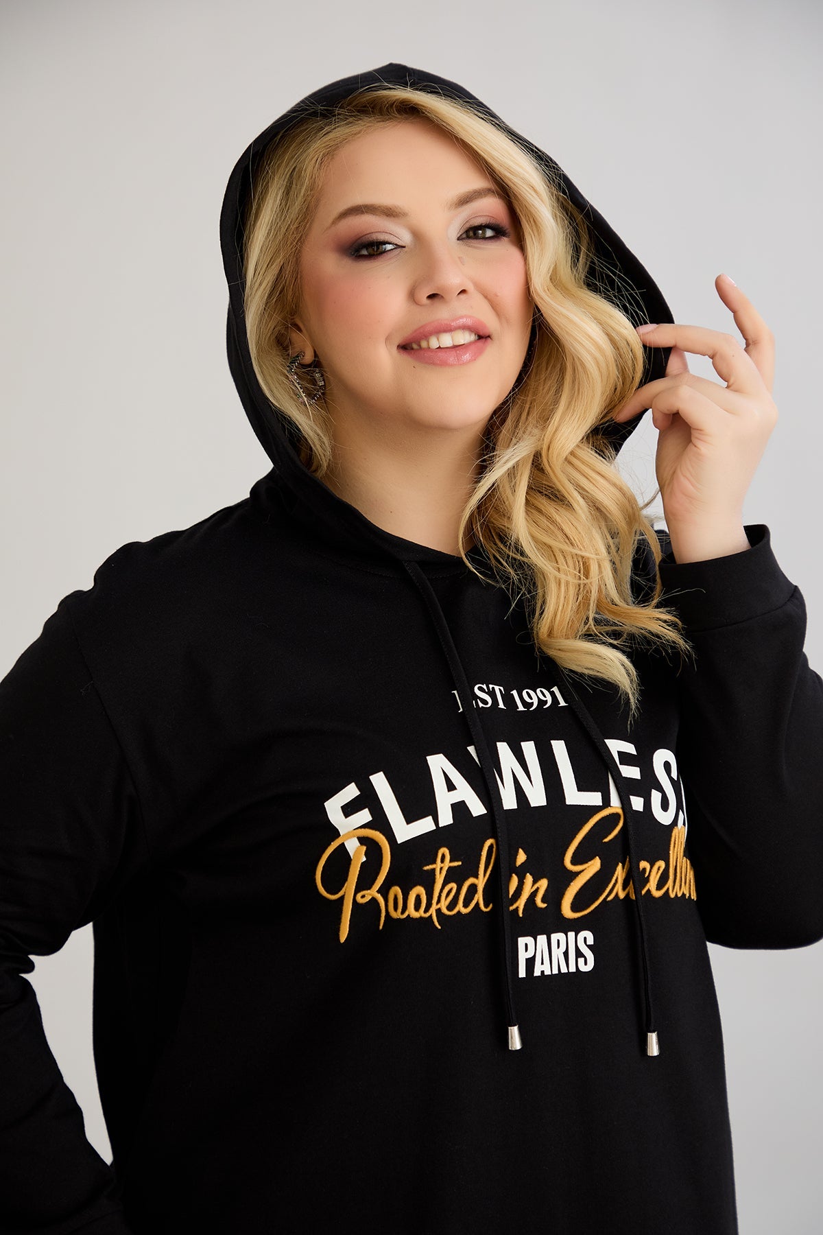 Rochie-tunica marime mare din bumbac cu inscriptie Paris - negru