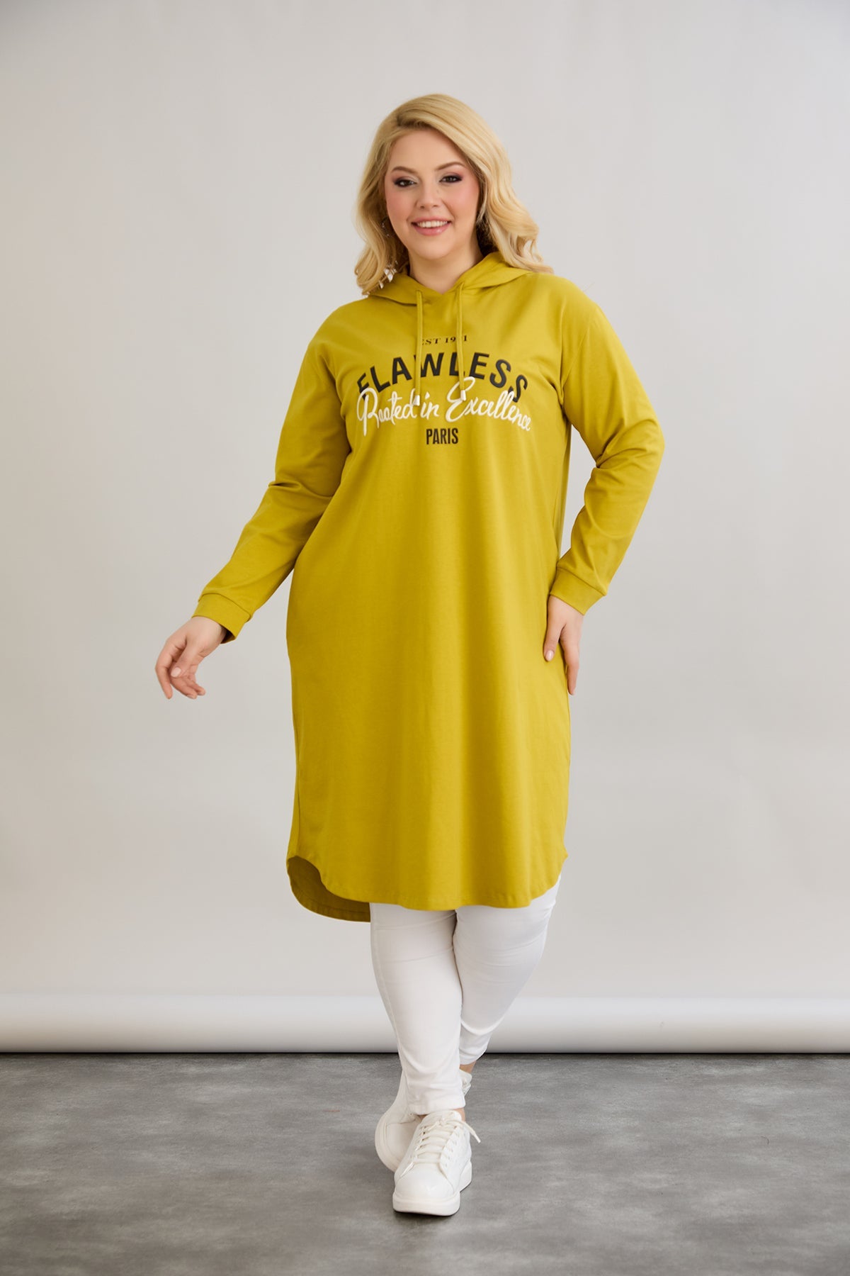 Rochie-tunica marime mare din bumbac cu inscriptie Paris - mustar
