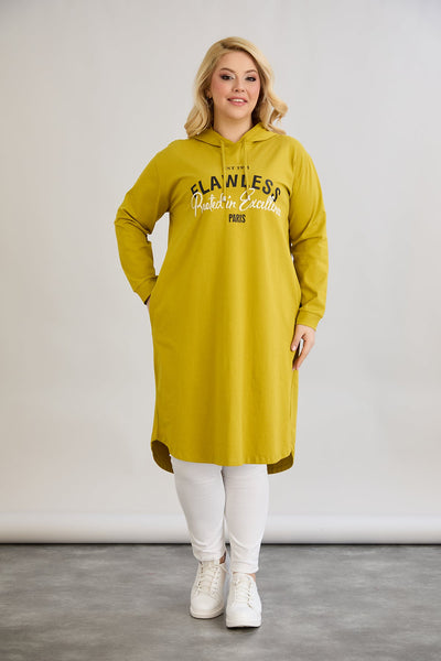 Rochie-tunica marime mare din bumbac cu inscriptie Paris - mustar