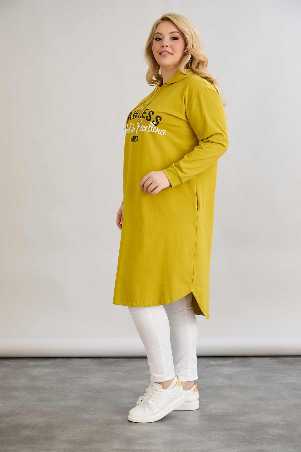 Rochie-tunica marime mare din bumbac cu inscriptie Paris - mustar