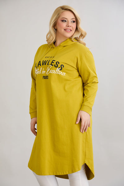 Rochie-tunica marime mare din bumbac cu inscriptie Paris - mustar