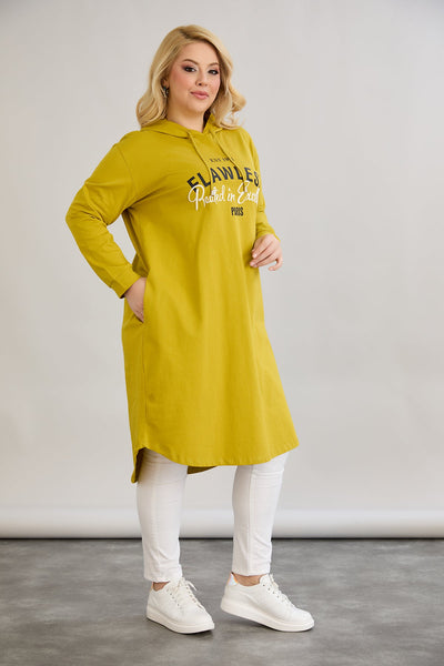 Rochie-tunica marime mare din bumbac cu inscriptie Paris - mustar