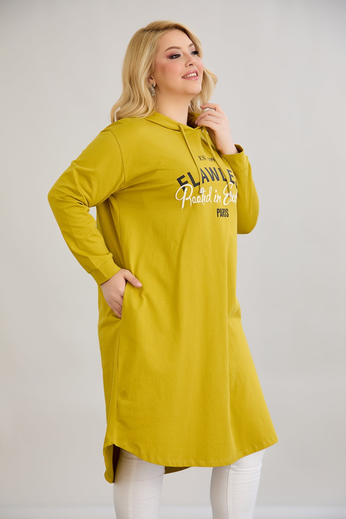 Rochie-tunica marime mare din bumbac cu inscriptie Paris - mustar